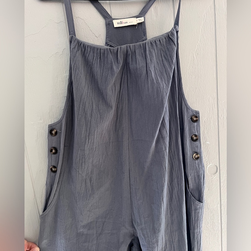 Millibon Jumper PANTS Romper NEW Charcoal with Button Accents & Pockets SMALL